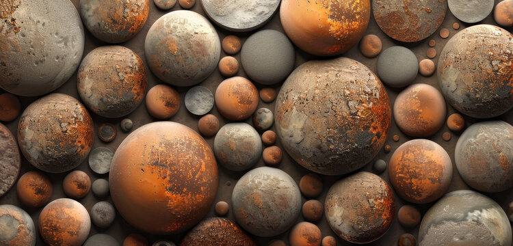 Cluster of stone marble spheres with various textures and patterns in close detail.