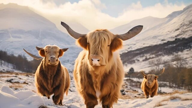 A group of cattle standing together on a field covered in snow, Scottish highlanders in a natural winter landscape, AI Generated