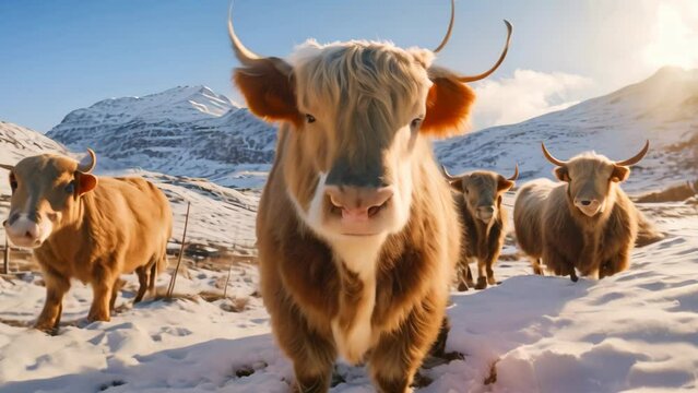 A captivating winter scene showcasing a group of cattle standing on a field covered in snow, Scottish highlanders in a natural winter landscape, AI Generated