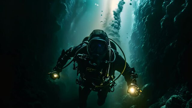 A man in a diving suit is seen inside a cave, embarking on a thrilling adventure to explore uncharted depths, Scuba deep sea diver swimming in a deep ocean cavern, AI Generated
