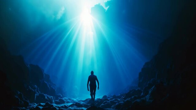 A lone man stands in the center of a cave, illuminated by natural light, surrounded by ancient rock formations, Scuba deep sea diver swimming in a deep ocean cavern, AI Generated