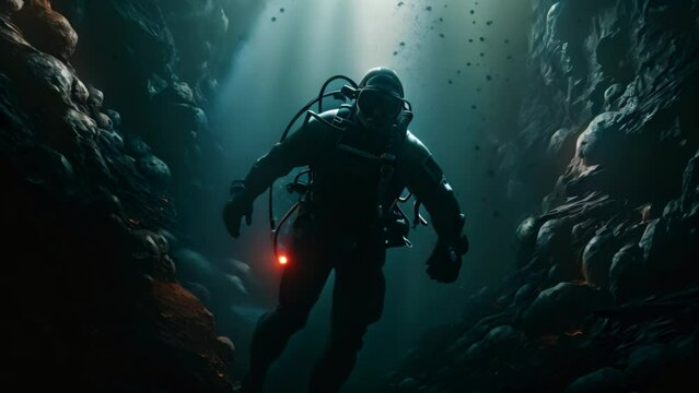 A man equipped in a diving suit explores the interior of a cave as part of scientific research, Scuba deep sea diver swimming in a deep ocean cavern, AI Generated