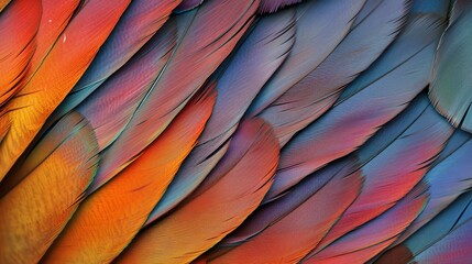 Colorful parrot feathers close up. Bright orange, red, blue and green colors. Beautiful nature background.