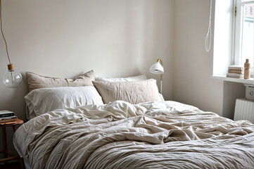 Fototapeta na wymiar Serenity in White: Minimalist Bed with Wooden Nightstand and Window View