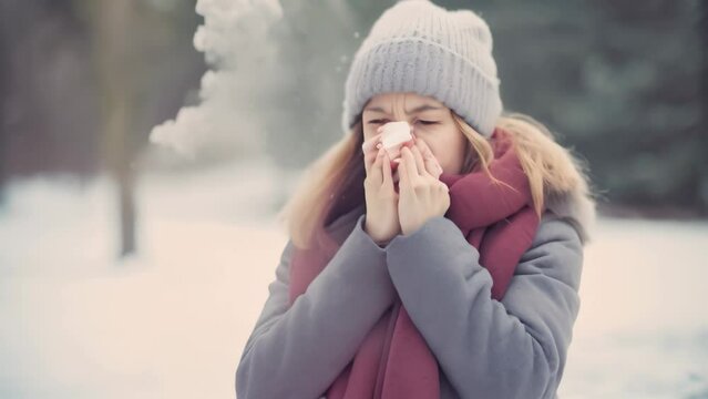 A woman stands outside in the snow, blowing her nose, Sick woman blowing her nose on a cold winter day, AI Generated