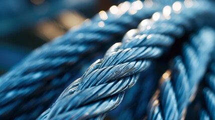 Close up of a blue rope in a shipyard, shallow depth of field - obrazy, fototapety, plakaty