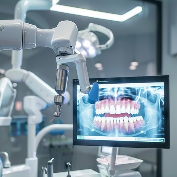A robotic dental technology setup with a display showing x-ray images of teeth in a high-tech dental office