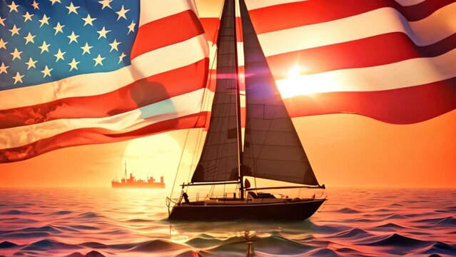 Sailboat With American Flag in Background, Patriotic Image of a Vessel on the Water, Silhouette of a sailboat against the backdrop of the American flag, AI Generated
