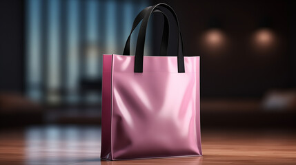 Pink tote bag. Blank template tote-bag canvas. Eco-friendly casual shopping bag in interior background. Minimalist shoulder tote-bag mockup. Grocery accessories for market. Tote mock-up. Banner