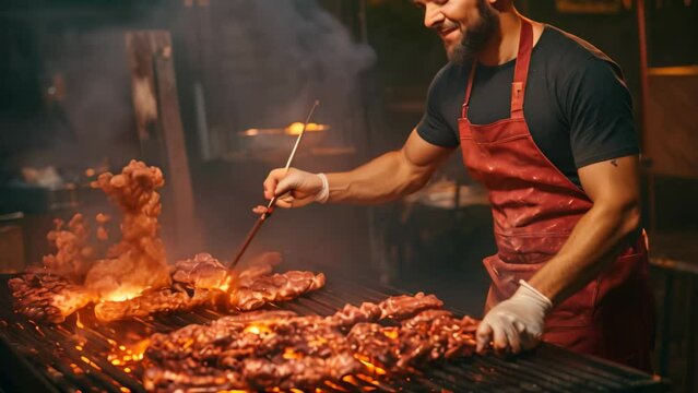 An image of a man using tongs to grill meat on a barbeque, Skilled male BBQ grill master flipping burgers and basting ribs on a sizzling hot grill at a cookout, AI Generated