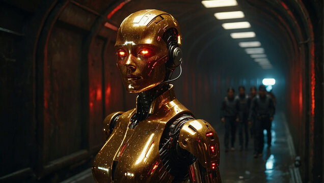 Goldener weiblicher Android gegen eine Gruppe Jugendlicher in dunklem Tunnel