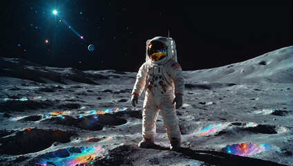 Astronaut steht auf dem Mond mit farbig bunt glitzernden Kristallen