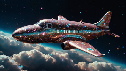 Bunt glitzerndes Spielzeugflugzeug im leuchtenden Weltall mit Wolken und Sternen - obrazy, fototapety, plakaty