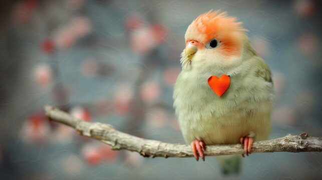 a close up of a bird on a branch with a red heart on it's chest and a blurry background.