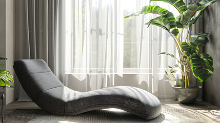 A curved chaise lounge in gray fabric, placed near a window with sheer curtains and a potted plant - obrazy, fototapety, plakaty