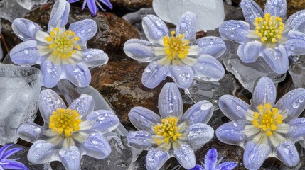 a group of purple and yellow flowers sitting on top of a pile of ice covered rocks and water droplets on them.