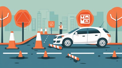 White Car Parked in Front of Orange Cones - obrazy, fototapety, plakaty
