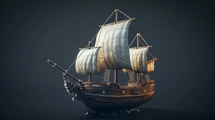 Deurstickers The image is a 3D rendering of a pirate ship. The ship is made of wood and has three masts with white sails. © stocker