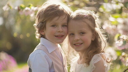 Fototapeta premium Little Bride and Groom’s Picture-Perfect Moment in a Floral Wonderland, Tiny Vows