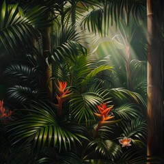 a painting of tropical plants and flowers with sunlight coming through the leaves of the trees and behind them is a bird of paradise.