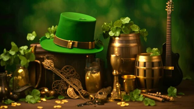 A table showcasing a green hat and a green top hat, St, Patrick's Day composition with green beer, shamrock, leprechaun hat, horseshoe, and musical instruments on a brown background, AI Generated
