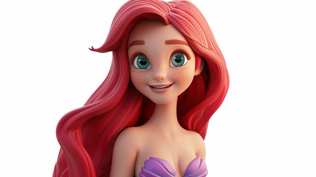 Cheerful young mermaid with long red hair and green eyes. She is wearing a purple seashell bra and has a friendly smile on her face.