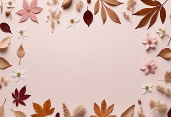 herbarium flat lay. dried plants brown leaves and flowers frame isolated on pale pastel pink background with copy space center