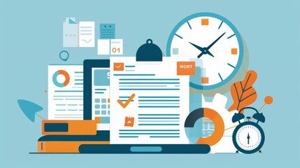 Stack of Papers With Clock - obrazy, fototapety, plakaty
