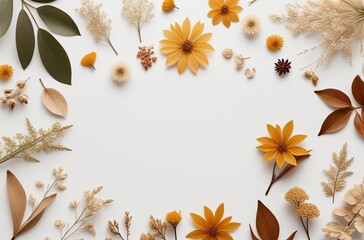herbarium dried plants leaves and flowers frame isolated on white background with copy space center. Autumn flat lay.