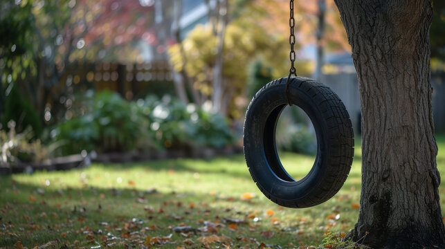 A tire swing hanging from a tree in a backyard