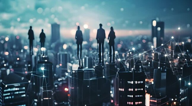 A group of diverse individuals stand on a high vantage point overlooking a sprawling cityscape. They gaze out at the urban landscape below, pointing and chatting amongst themselves
