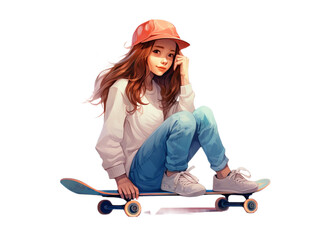 Young cool girl wear trendy outfit with skateboard and cap on the head