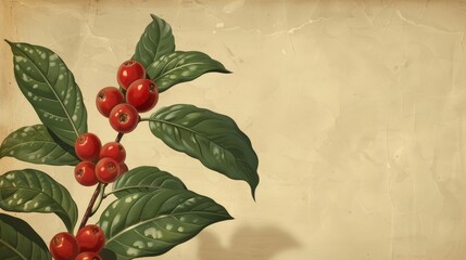 a painting of a branch with red berries and green leaves on a beige background with a shadow of a person's hand.