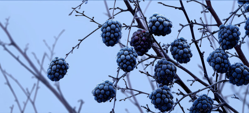a bunch of blue berries hanging from a tree with a blue sky in the backgrounnd of the picture.