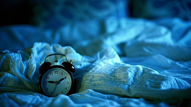 Close-up of a vintage alarm clock on a ruffled bedsheet, indicating a late hour in a dimly lit room, Sleeplessness and Circadian Rhythm Disorder, delayed sleep-phase syndrome, DSPS concept