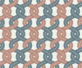 Geometric mesh with wavy interlaced striped lines in blue and orange on a white background. Abstract background. Traditional design. Seamless repeating pattern.