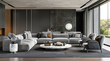 Obraz na płótnie Canvas A modern sectional sofa in sleek gray fabric, paired with geometric accent chairs and a marble coffee table