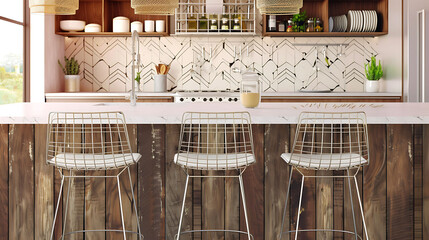 A set of stools with wireframe bases, positioned near a kitchen island with pendant lighting - obrazy, fototapety, plakaty