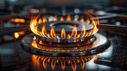 A gas stove burner alight with blue and orange flames.