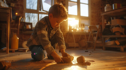  A youngster on his knees on the ground, moulding clay with his hands to form a sculpture, his face softly lit by a studio lamp - obrazy, fototapety, plakaty
