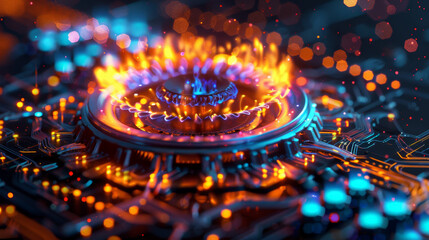 A vibrant digital rendering of a gas burner with circuit board and blue and red flames.