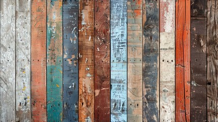 Rustic wooden fence background with peeling paint in various colors. The boards are arranged vertically and have a rough, weathered texture. - obrazy, fototapety, plakaty