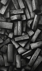 A detailed charcoal sketch of randomly piled wooden logs with visible grain.