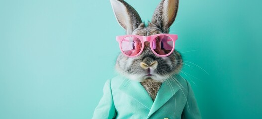 Easter background: Portrait of cute funny rabbit in sunglasses and pastel suit on green background, Easter concept - obrazy, fototapety, plakaty
