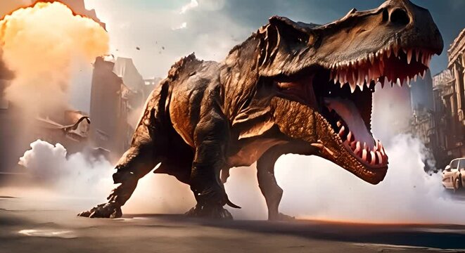 Tyrannosaurus Rex dinosaur Destruction of city street Dangerous monster attacks Prehistoric mayhem Video