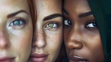 Close portrait of three women with differnt ethnicity
