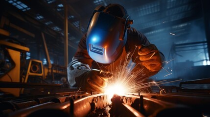 A photo from first person welding metal together in a workshop showing hands wielding a welding torch with precision
