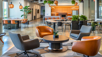 A modern, open-plan workspace with comfortable seating arrangements and collaborative tools, fostering teamwork.