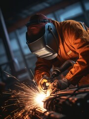 A photo from first person welding metal together in a workshop showing hands wielding a welding torch with precision
