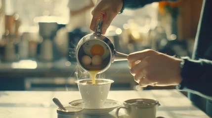 Poster a person pouring eggs into a cup with a saucer on a table next to a cup with a saucer on it. © Igor